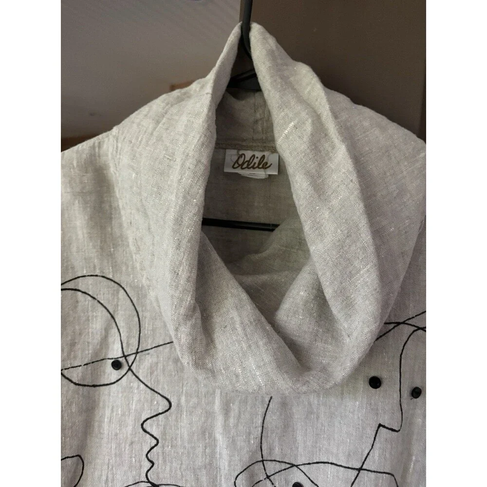 Odile 100% Linen Cowel Neck Shirt Women M Tan Artistic Hand Painted